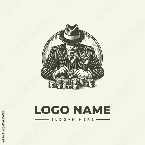 A vintage-style illustration of a suited man with a fedora stacking poker chips in a circular logo design with a woodcut aesthetic.