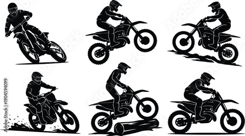 Black motocross silhouette collection featuring dirt bike riders performing stunts jumps and off-road racing maneuvers for extreme sports graphic design.