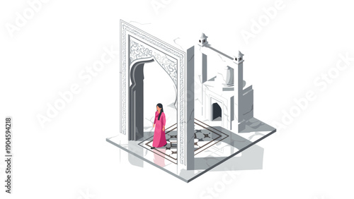 Isometric architectural scene with traditional arch and person in red attire