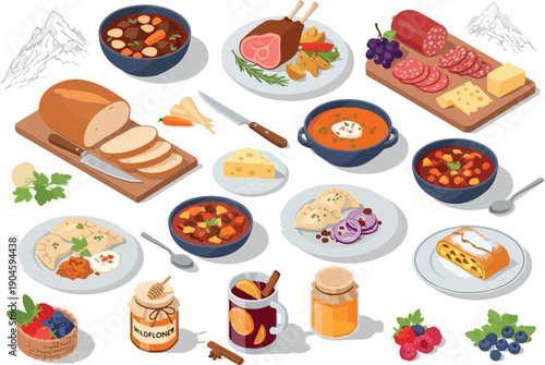 A collection of delicious food items including bread, soup, cheese, meat, and desserts, perfect for culinary themes and restaurant menus