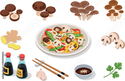 A vibrant assortment of fresh ingredients and a delicious meal featuring mushrooms, soy sauce, ginger, garlic, cilantro, and chopsticks, perfect for culinary inspiration