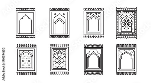 Islamic Prayer Rug Icon Set with Arch and Pattern Variations