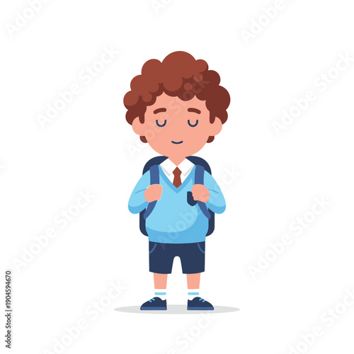 A cartoon boy wearing a backpack stands smiling on a white background