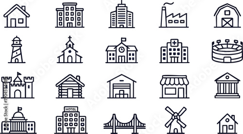Collection of Various Building Icons and Symbols.
