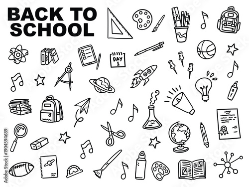 A collection of hand-drawn illustrations featuring school supplies and educational elements, all themed around back to school. For design elements, stickers, posters, worksheets, educational content, 