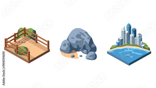 Isometric icons of wooden deck, rocky terrain, and coastal cityscape