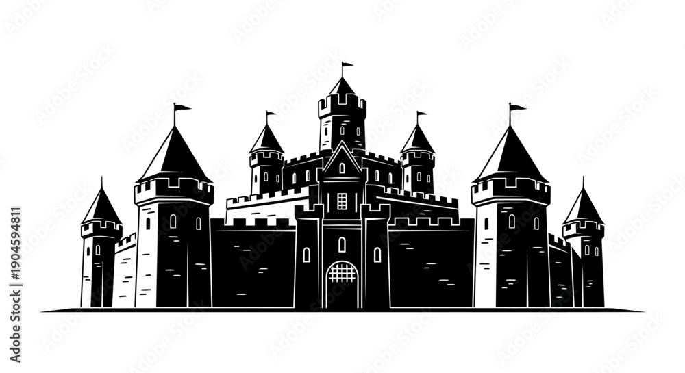 Obraz premium Black and White Castle Illustration with Towers.