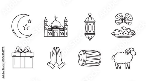 Islamic Ramadan Icons Collection: Crescent Moon, Mosque, Lantern, Gift, Praying Hands, Sheep, Drum, Dates Stock Media