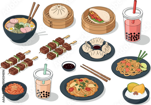 A delicious collection of Asian food and drinks including ramen, dumplings, skewers, noodles, and boba tea
