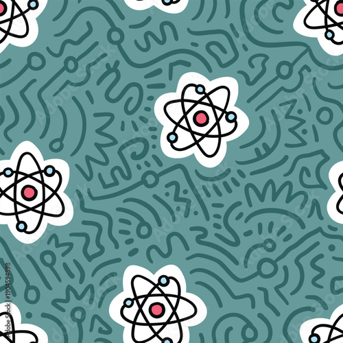 Seamless repeating pattern featuring atom illustrations in a distinctive doodle style. This science-themed vector pattern is perfect for educational designs, fabric, wallpaper, packaging, backgrounds,