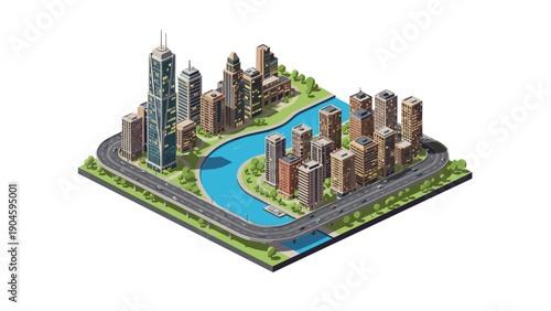 Modern isometric cityscape with skyscrapers and riverbend on white background