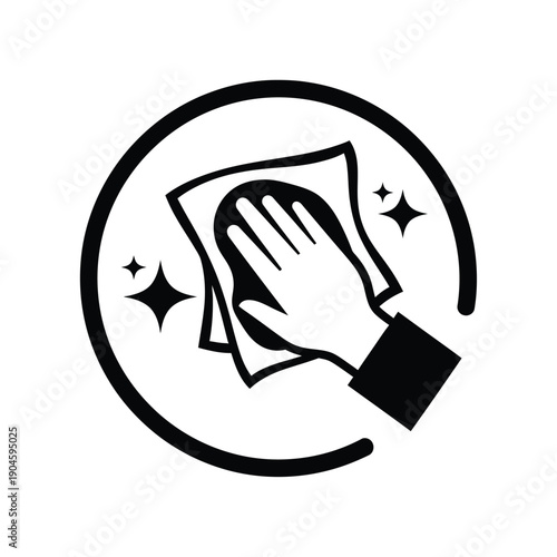 Black and white icon of a hand holding a cloth for cleaning with sparkles