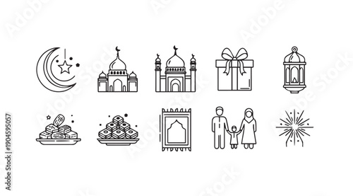Islamic Ramadan Icons Collection: Mosques, Moon, Family, Dates, Sweets, Lantern, Gift, Rug, Fireworks