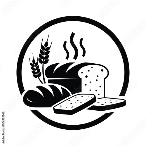 Black and white illustration of various bread types with wheat in a circular frame