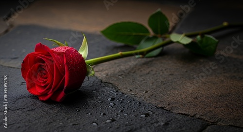 Red Rose with Dew Drops on Dark Slate Surface