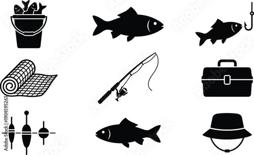 Collection of black fishing icons featuring fish silhouettes, fishing rod, tackle box, net, bucket, and gear for outdoor hobby design.
