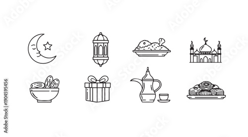 Islamic Ramadan Icons: Moon, Lantern, Food, Mosque, Dates, Gift, Coffee, Sweets