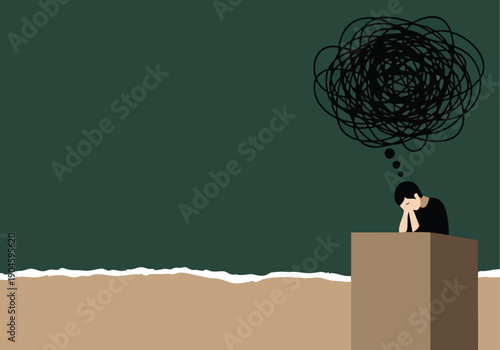 Man in distress, mental health concept. Overwhelmed mind, anxiety, depression, confusion, stress. Minimalist illustration.