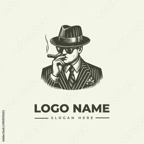 Vintage engraving of a suited man in a fedora and sunglasses smoking a cigar, logo design with a woodcut illustration style on a clean white background.