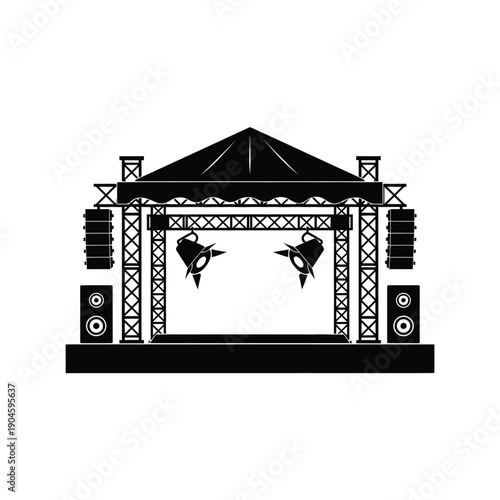Black silhouette of a stage with speakers and two dancers performing
