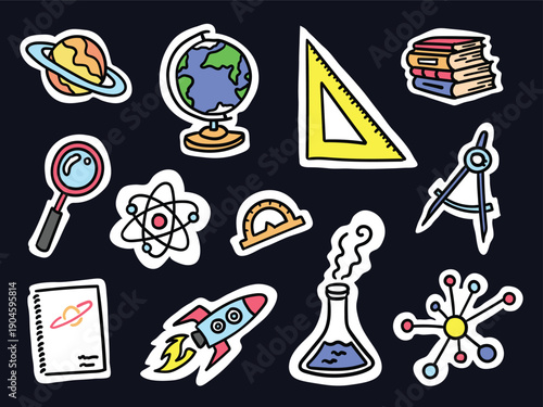 A collection of hand-drawn stickers themed around school science lessons. This vector sticker set features educational elements such as planets, atoms, rockets, and science symbols, 
