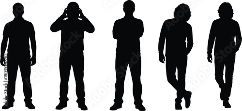 Set of male silhouettes standing in casual poses, confident men figures, modern lifestyle, individuality and attitude concept isolated on white background