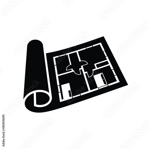 Black and white icon of a rolled up blueprint or floor plan