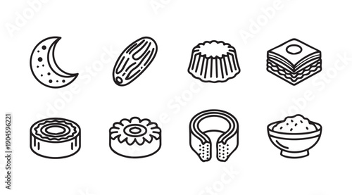 Islamic Sweets and Crescent Moon Icons - Ramadan Food Symbols