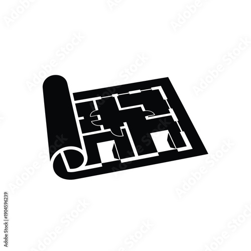Black and white illustration of a rolled up blueprint or floor plan with detailed architectural design
