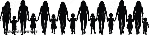 Silhouette of mothers holding children hands in a row, family unity concept, parenthood, care, love, togetherness, childhood, protection, social community illustration
