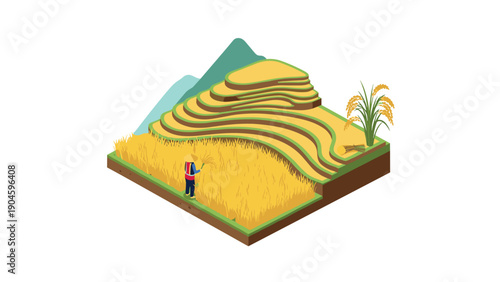 Isometric rice terrace farming scene with farmer working in golden fields