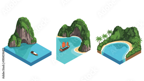 Isometric tropical island scenes with rock formations and boats