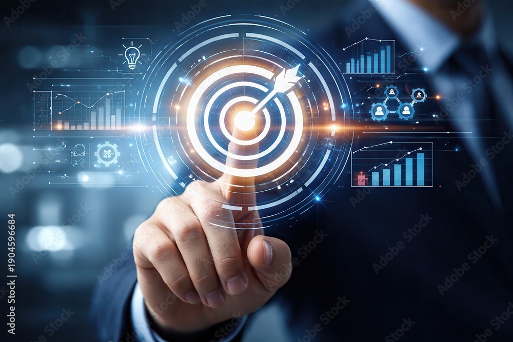 Fototapeta premium Business professional touching a digital target interface with arrow bullseye and analytics dashboards, representing strategic goal achievement and performance tracking