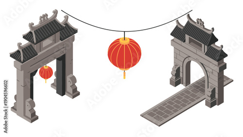 Traditional asian gateway and lantern design in isometric style