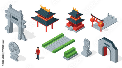 Traditional asian architecture in isometric style featuring pagodas and decorative elements