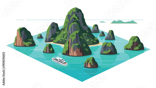 Tropical island landscape with yacht in serene waters, geometric style
