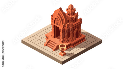 Isometric ancient temple on a tile platform with intricate architecture design