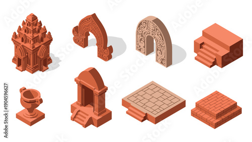 Isometric ancient architecture elements set: arches, temples, steps, and ornate details