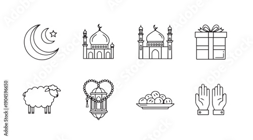 Islamic Symbols Collection: Mosque, Moon, Sheep, Lantern, Gift, Hands, Dates Icons