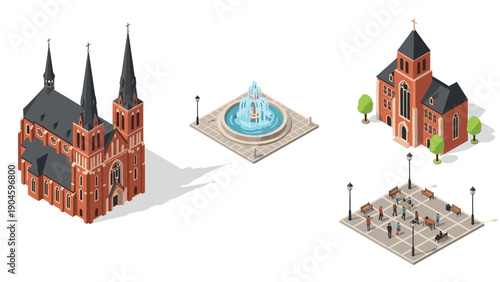 Charming european town scene with brick church and fountain in isometric view