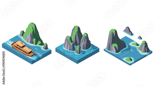 Isometric mountainous river landscape with boat and islands