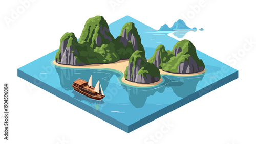 Isometric tropical island with sailing boat and lush greenery surrounded by ocean
