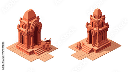 Isometric ancient temple architecture with red brick design