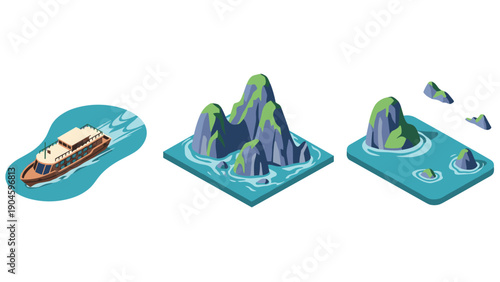 Isometric boat and island scene with rocky outcrops and water