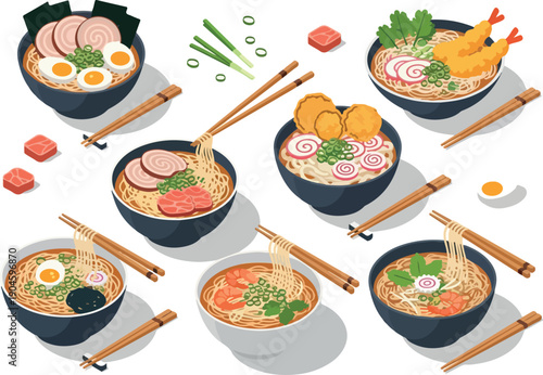 A delightful collection of various Japanese noodle soup dishes, featuring ramen and udon with different toppings and chopsticks