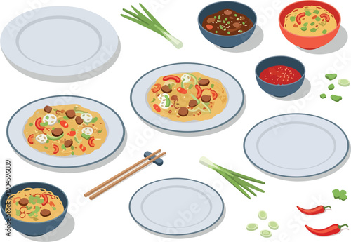 Diverse Asian dishes served on plates with chopsticks and side dishes including sauces and chili peppers