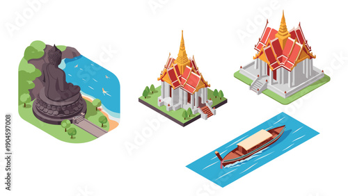 Isometric thai landmarks and traditional longtail boat by river