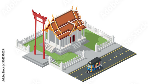 Charming isometric thai architecture with temple and tuk tuk on road