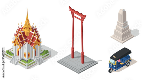 Isometric thai temple and iconic landmarks in bangkok