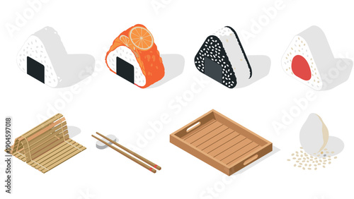 Isometric onigiri set with sushi mat and serving tray